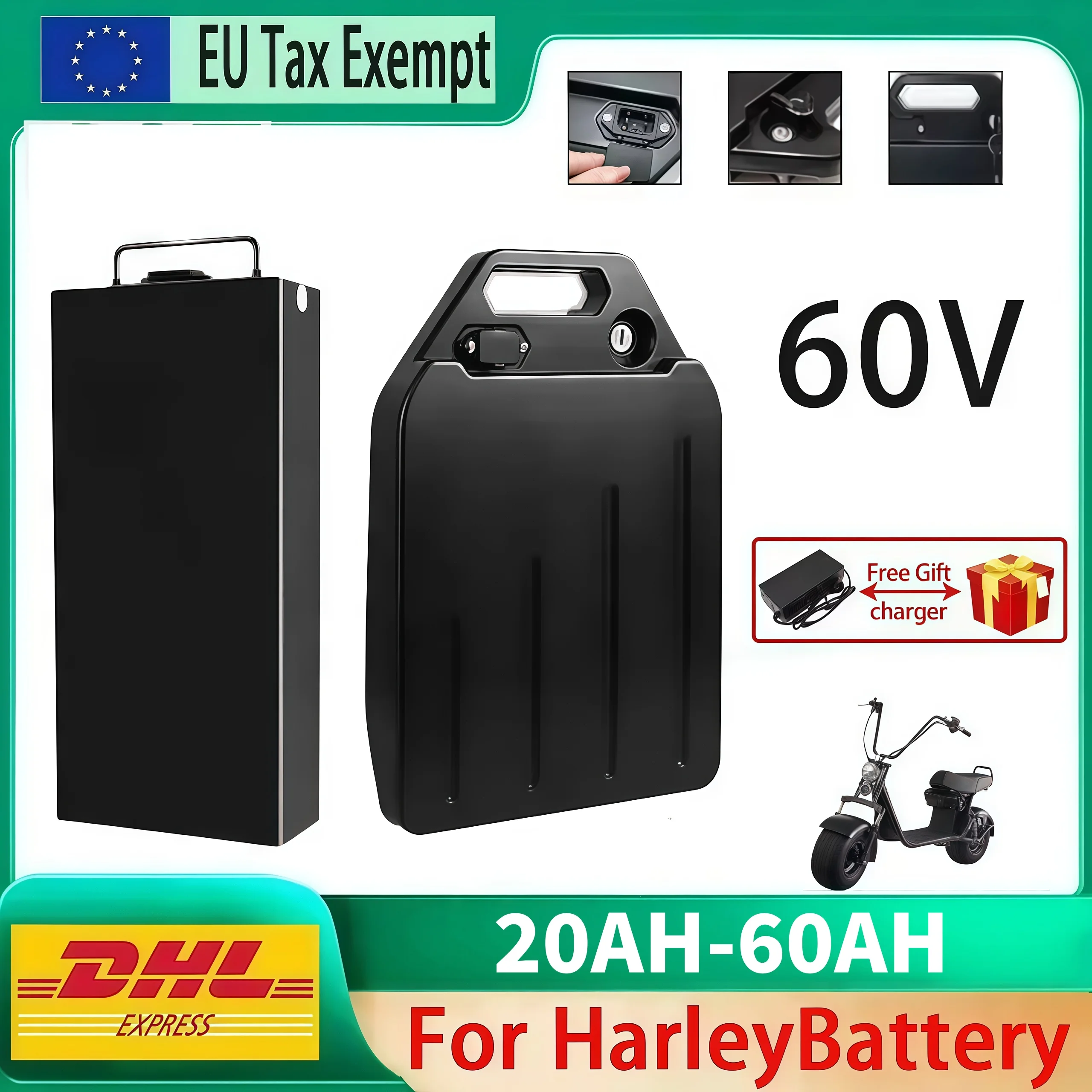 LIDIKALA Langstrecken-Lithium-Ionen-Akku 60V 20Ah~60Ah mit integriertem Sicherheits-BMS, 2000W Leistungsbatterie für Harley Citycoco faltbares 2-Rad-Elektromotorrad, inklusive kostenlosem Ladegerät.