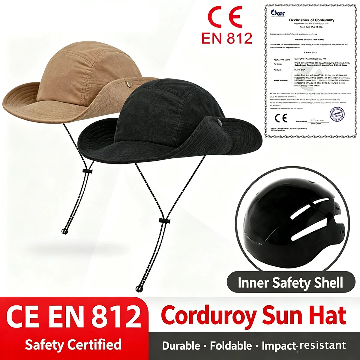 CE EN812 Safety Bump Cap Corduroy 2 Ways Wear Wide Brim Foldable Cowboy & Bucket Hat Outdoor Hiking Work Hat with ABS Shell