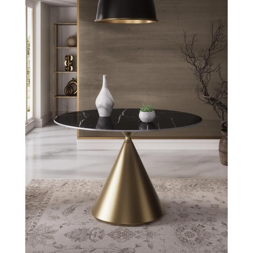 Modern Round Dining Table 47 Inch Black Circle Faux Marble Top Kitchen Table with Gold Luxury Cone Pedestal for Dini