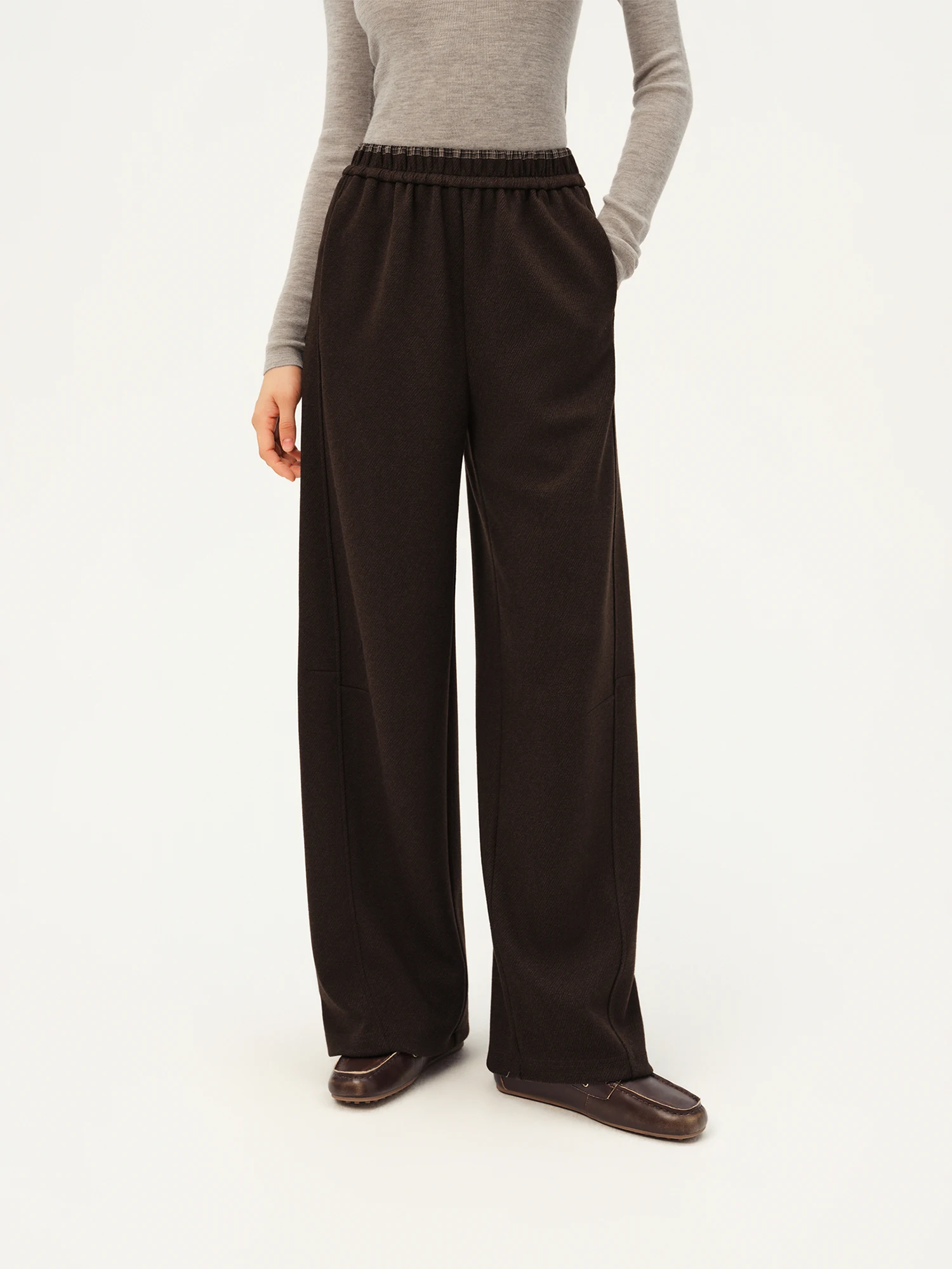 ZIQIAO Damen-Hose aus Wollmischgewebe mit geradem Bein, kariertem Bund, hoher Taille, lässige Hose, warm, für Büro, Pendeln und Streetwear – Detail 7