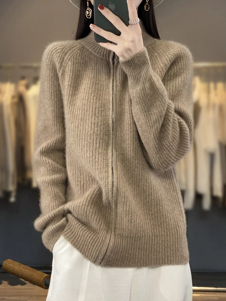 2024 Autumn Winter Pure Merino Wool Sweater Striped Zipper Turtleneck Knitted Cardigan Casual Thick Cashmere Clothing Tops