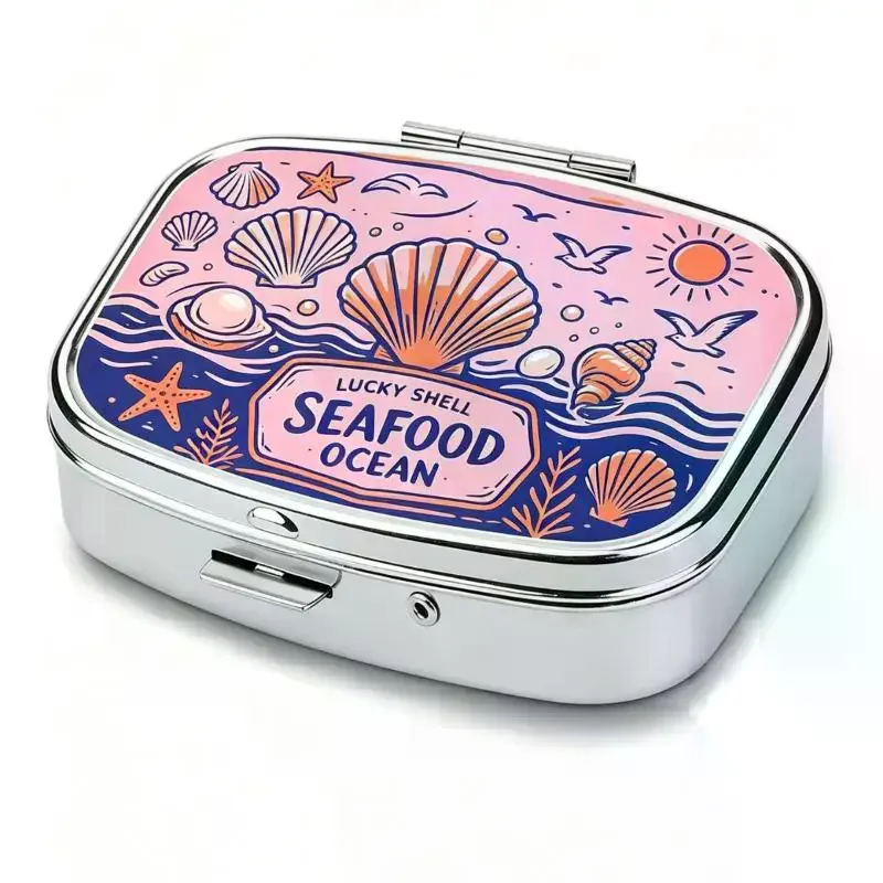 1Pcs Retro Sardine Print Pill Box 2-Compartment Metal Mini Organizer For Women Travel Jewelry Medicine Candy Storage