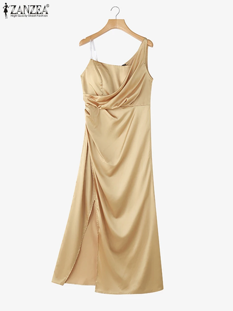 ZANZEA فستان الحفلات المسائية 2025 صيفي من الحرير الساتان سبليت أنيق عالي الخصر فستان الشمس بحزام سباغيتي فساتين فضفاضة ومثيرة #4