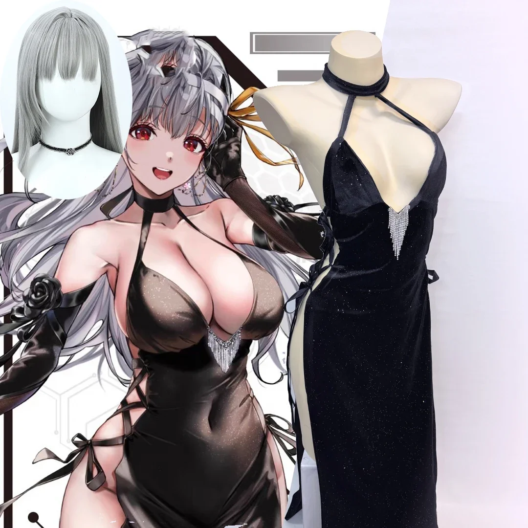 

Halloween Black Sexy Women Long Dress Gloves Props Wig Uniform Anime The Goddess Of Victory Divine Punishment Cosplay Costume