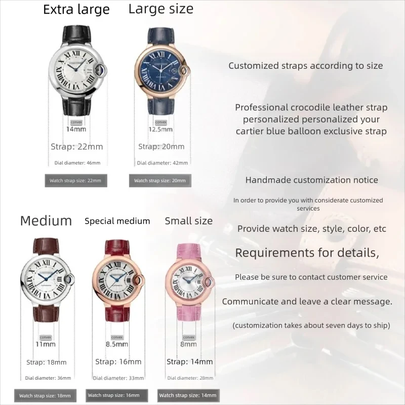For Cartier Blue Balloon Crocodile skin Watch Strap 14-8mm 16-8mm 18-11mm 20-12mm 22-14mm Men women Genuine Leather Watchband