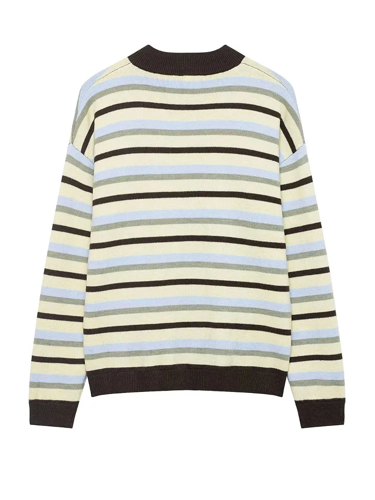 

Женский универсальный теплый вязаный кардиган в полоску с длинными рукавами, элегантный простой свитер с круглым вырезом на одной пуговице