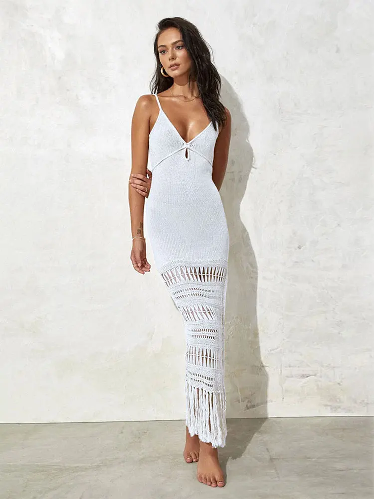 Sexy Strap con scollo a v White Crochet Hollow Out Lace-up tunica con frange costume da bagno Cover-up Summer Mesh Strappy Beach Slip Dress A2312