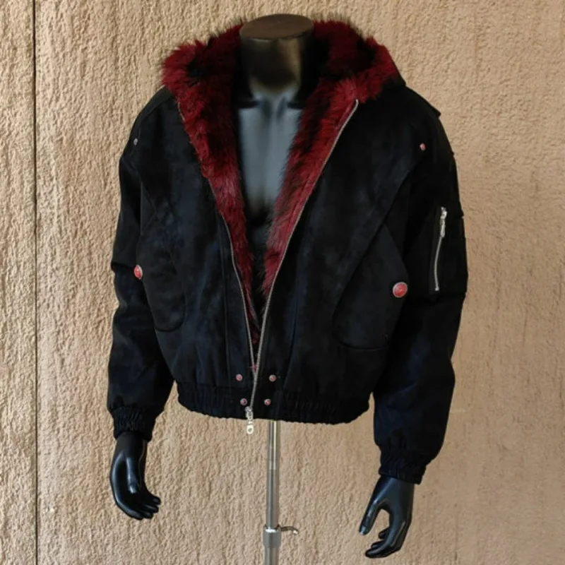 KIDWHXR Parkas Coat Men Winter American Retro Contrast Color Male Hooded Jacket Streetwear Long Sleeve Zipper Man Outerwear