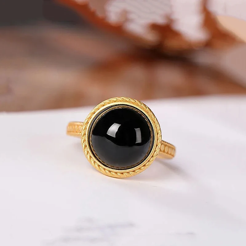 Natural Black Onyx Ring Round Opening Adjustable Ancient Gold Craft Charm Ethnic Ladies Jewelry Banquet Accessories