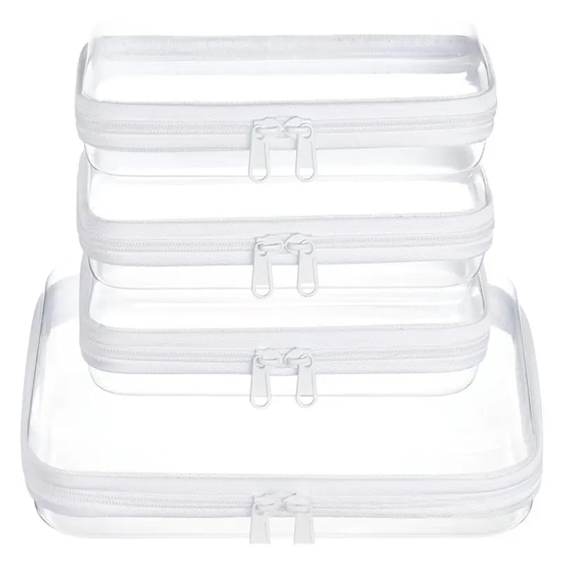 ABFU-4-Piece Clear Hard Shell Zipper Case Set, 1 Medium 3 Small, Travel Organizer Bags Dual Zipper Pulls On Each White