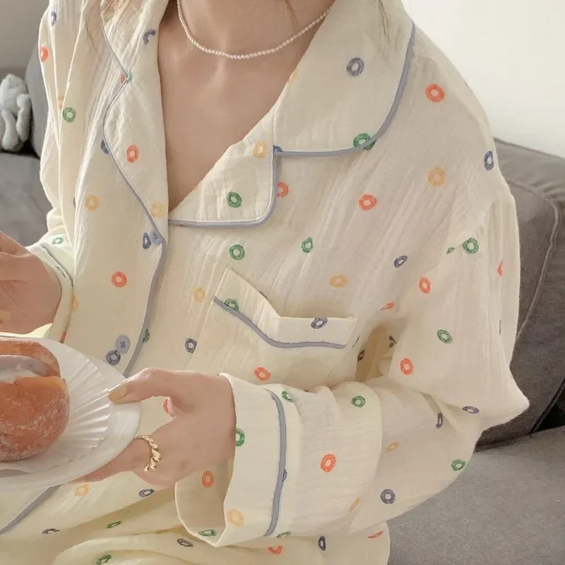 Pajamas Women's Spring and Autumn Long Sleeve Cardigan Set Cute Printed Lace Wrinkled Cloth Loungewear 2-piece Set Pajamas