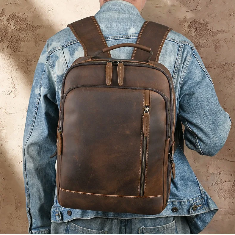 LD-Crazy Horse Cowhide Men's Bag Casual Leather Retro Head Layer Cowhide Backpack 16 inch Computer Bag