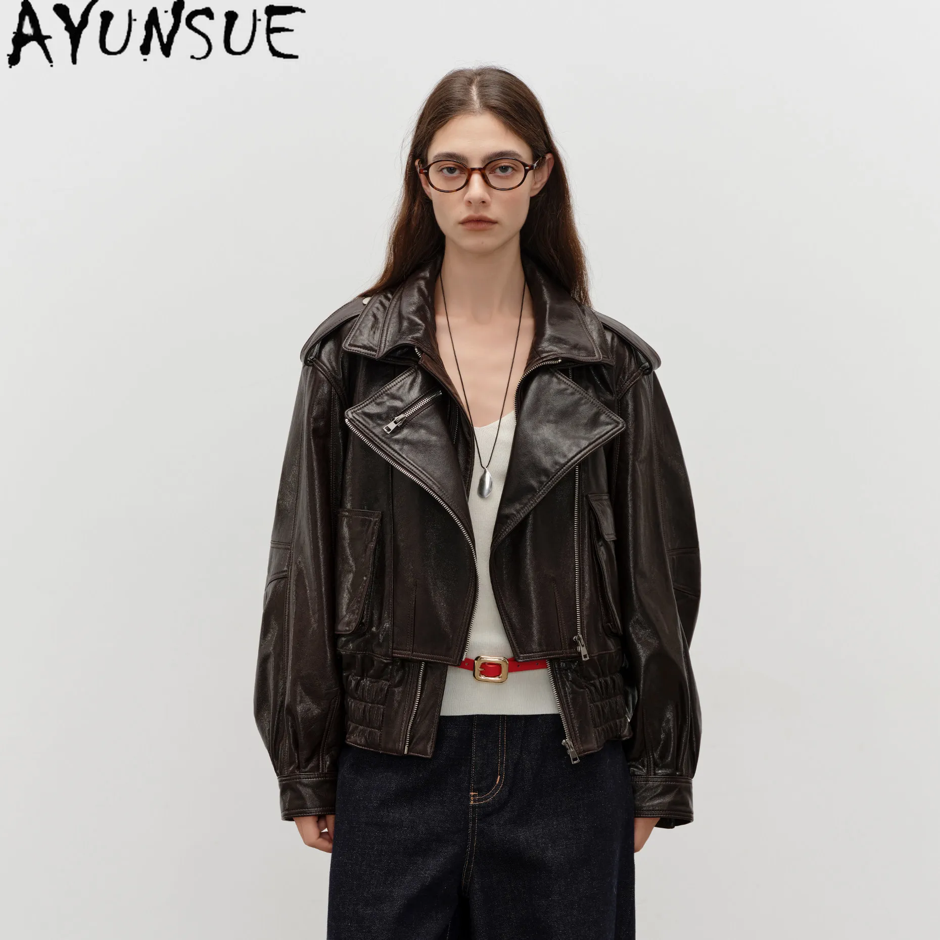 

AYUNSUE Real Leather Jacket Woman Clothing Trendy Vintage Sheepskin Motocycle Coat Women Spring Autumn Coats Casaco Feminino
