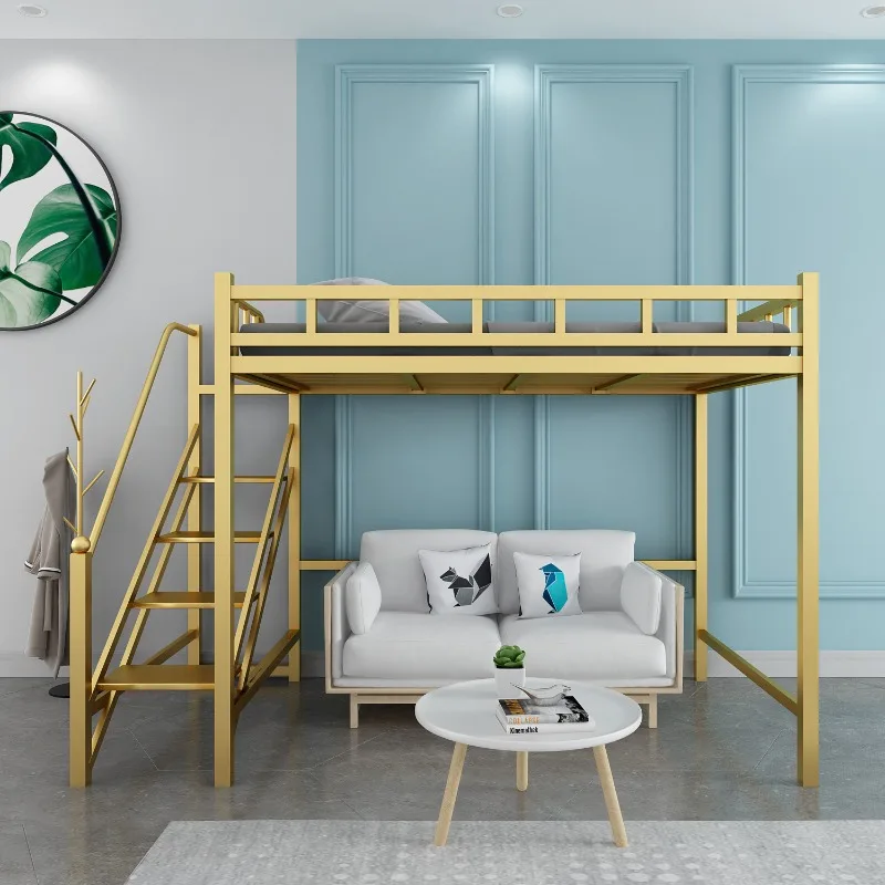 Modern Simple Wrought Iron Elevated Bed Household Bedroom Loft Duplex Bed Dormitory Apartment Space Bunk Iron Frame Bed