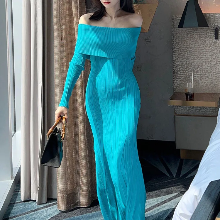 

7830 Ni Li Qin Same Style Off-Shoulder Slimming Over-Knee Knitted Mermaid Long Dress For Women