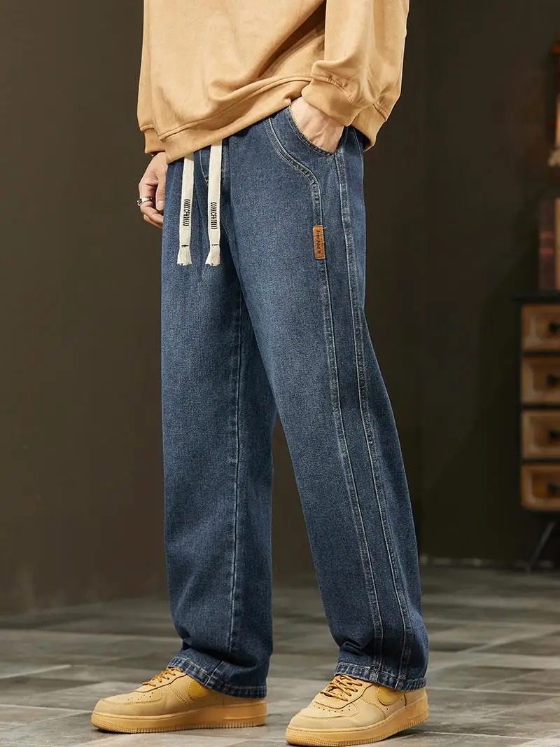 

Мужские джинсы свободного прямого кроя в американском стиле, рабочие брюки в стиле High Street, ретро-джинсы из смесового хлопка и полиэстера с завязками