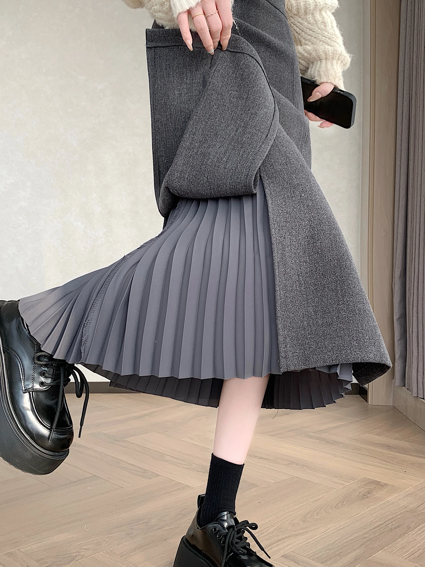 Asymmetric High Waist A-Line Midi Skirt Women's Autumn Winter Woolen Straight Cut Bicolor Long Half-length Skirt