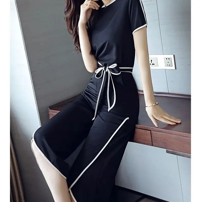 Women\'s Suit 2024 New Summer Western Style Middle And Old Mom Fashion Chiffon Solid Color Short Sleeve Top Pants 2 Two Piece Set