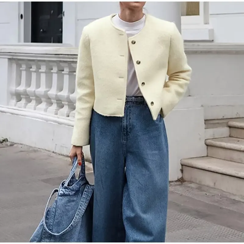 Spring and Autumn Women's Clothing Small Fragrance Style Solid Color Woolen Elegant Round Neck Jacket Jacket Top