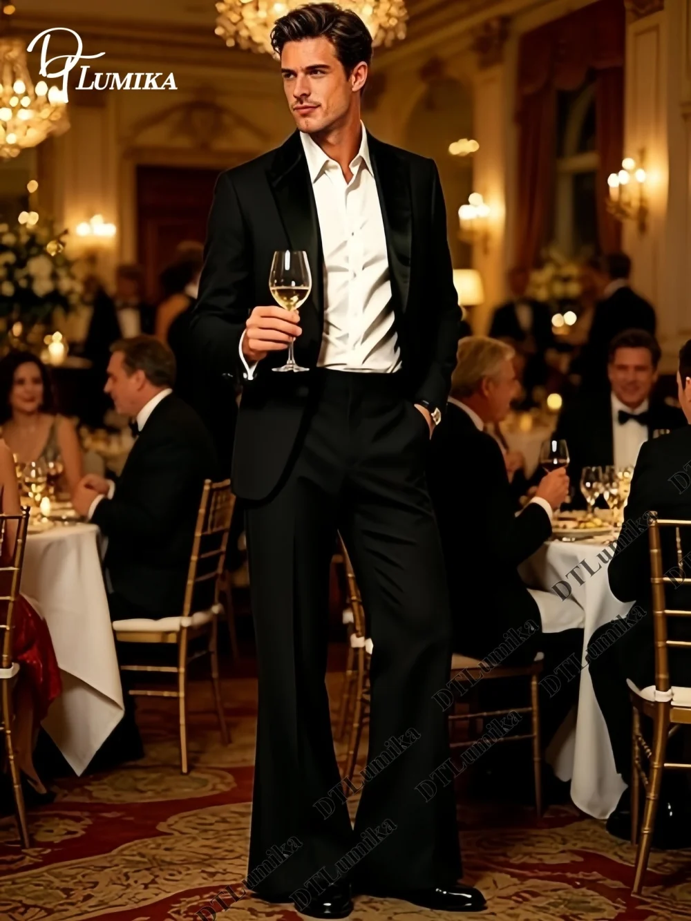 Striking Modern Contrast Lapel 2-Piece Suit for Men, Cocktail Prom Black-Tie Party Tuxedo Slim Fitting Jacket with Black Collar