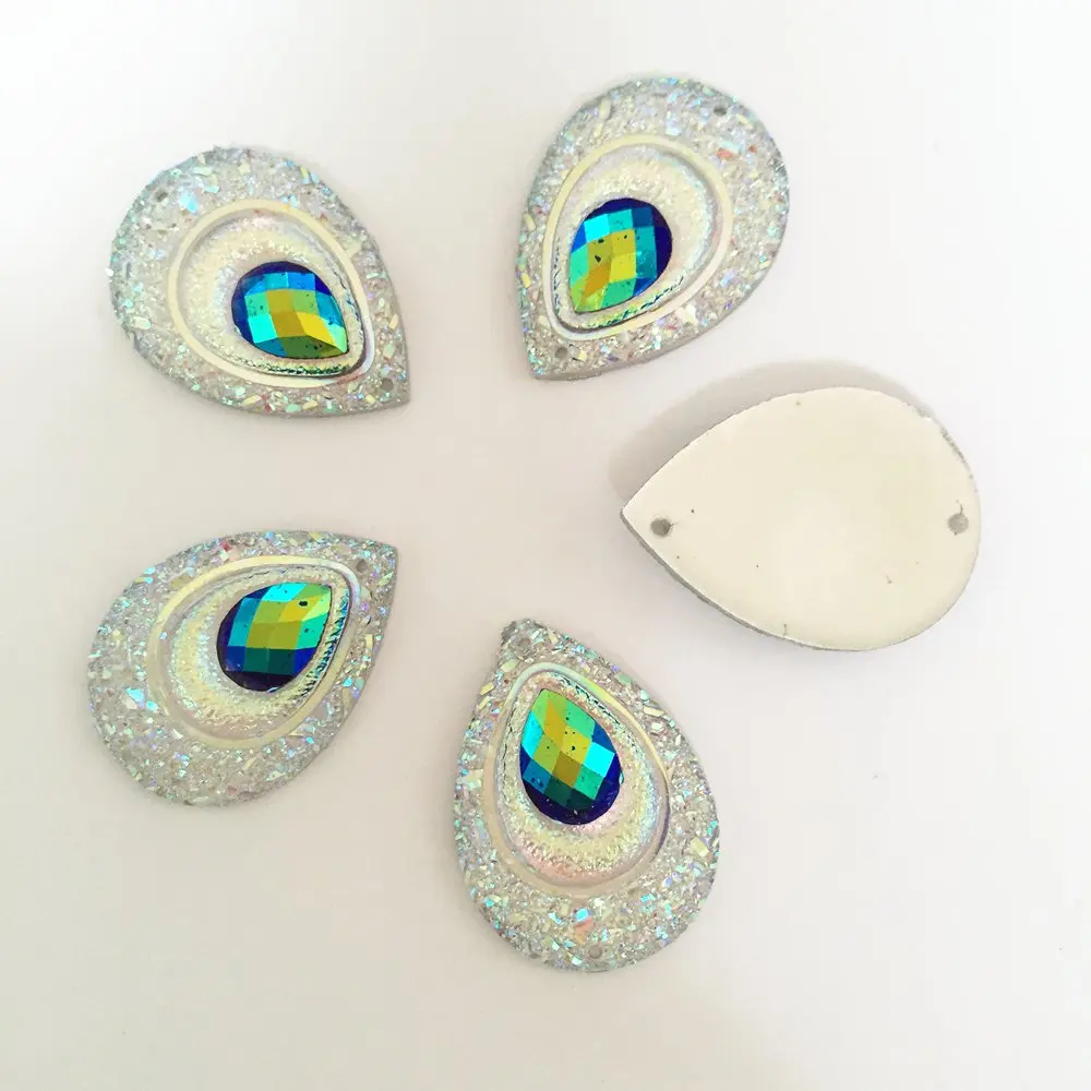 20PCS AB Resin 18*25mm Teardrop Peacock eye Flatback Rhinestone Ornaments DIY Wedding appliques 2 hole buttons SD121*2