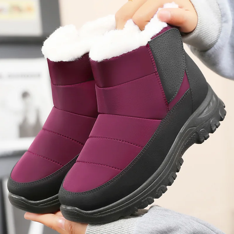 2025 Botas de nieve para Mujer, cómodas, impermeables, informales, cálidas, de algodón, para exteriores, sin cordones, de piel suave, Botas de invierno para Mujer