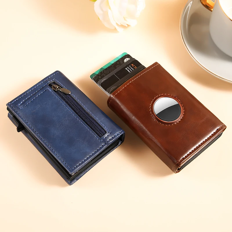 Men Women Trifold PU Card Wallet With AirTag Holder Hole Pop‑Up Card Case Magnetic Minimalist Retro Slim Credit Card Purse