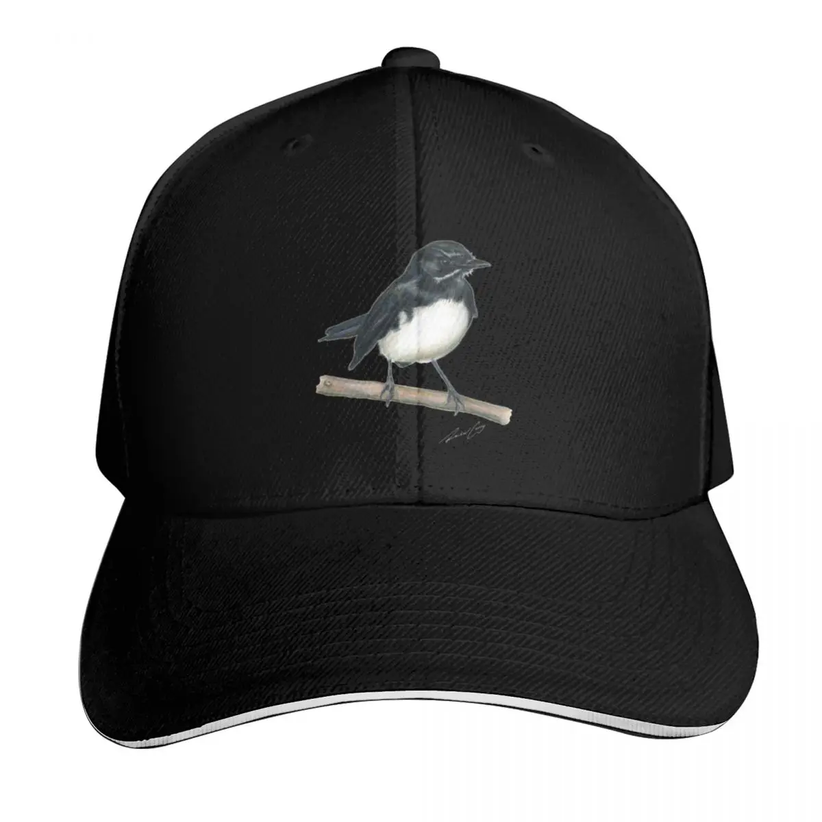Willie Wagtail bird art with signature. Lovely little black and white bird gifts! Baseball Cap