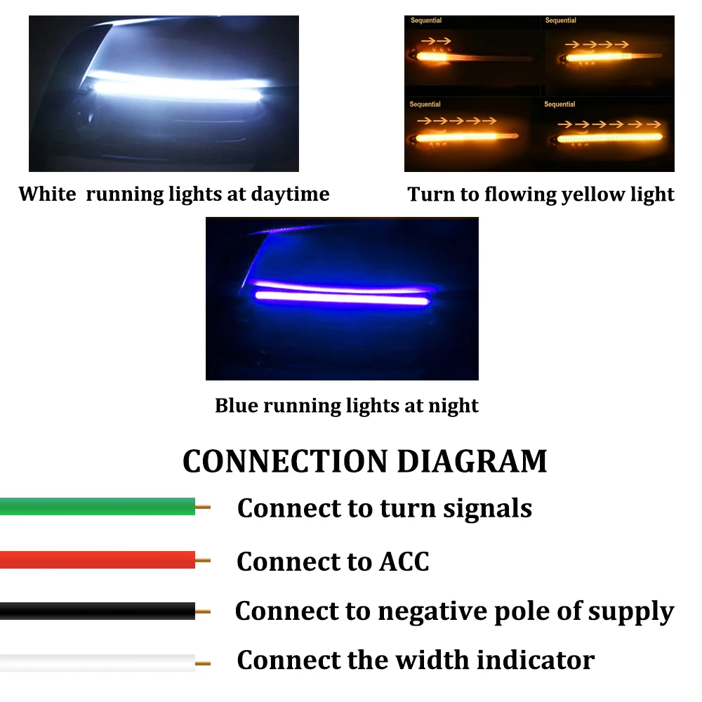 3Color White Blue Yellow 2x Daytime Running Light Strip Flexible Waterproof Led Signal Light Headlight DRL 12V Scan Flow Lamp