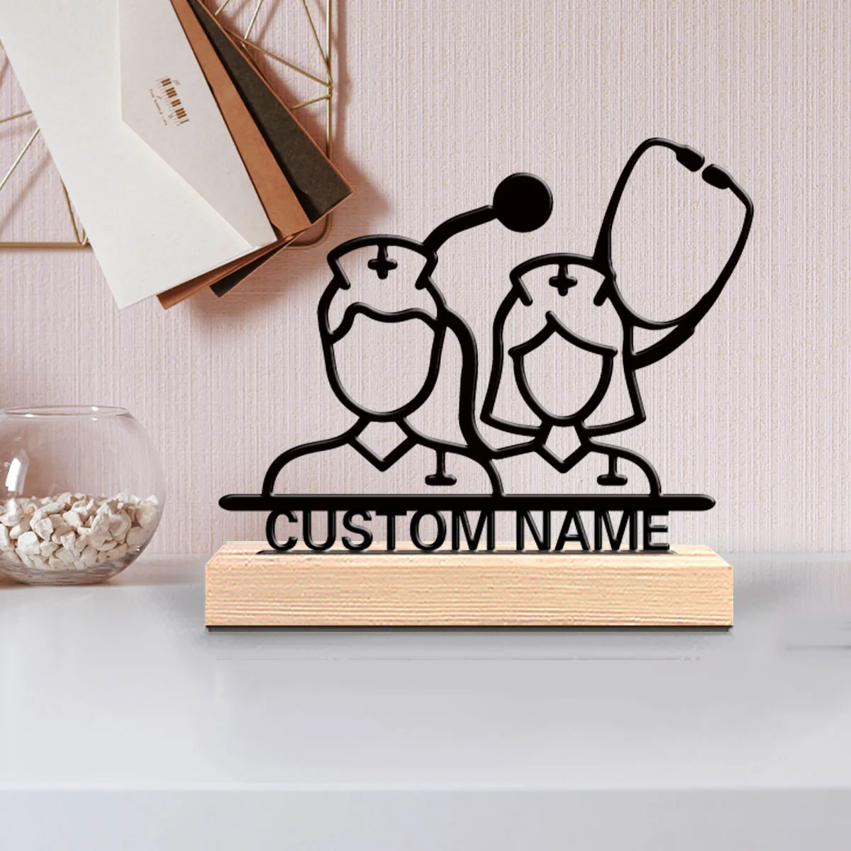 

1 pc Nurse auscultation Customized Name Metal Statue Iron Ornament Art Crafts With Wood Base Bedroom Table