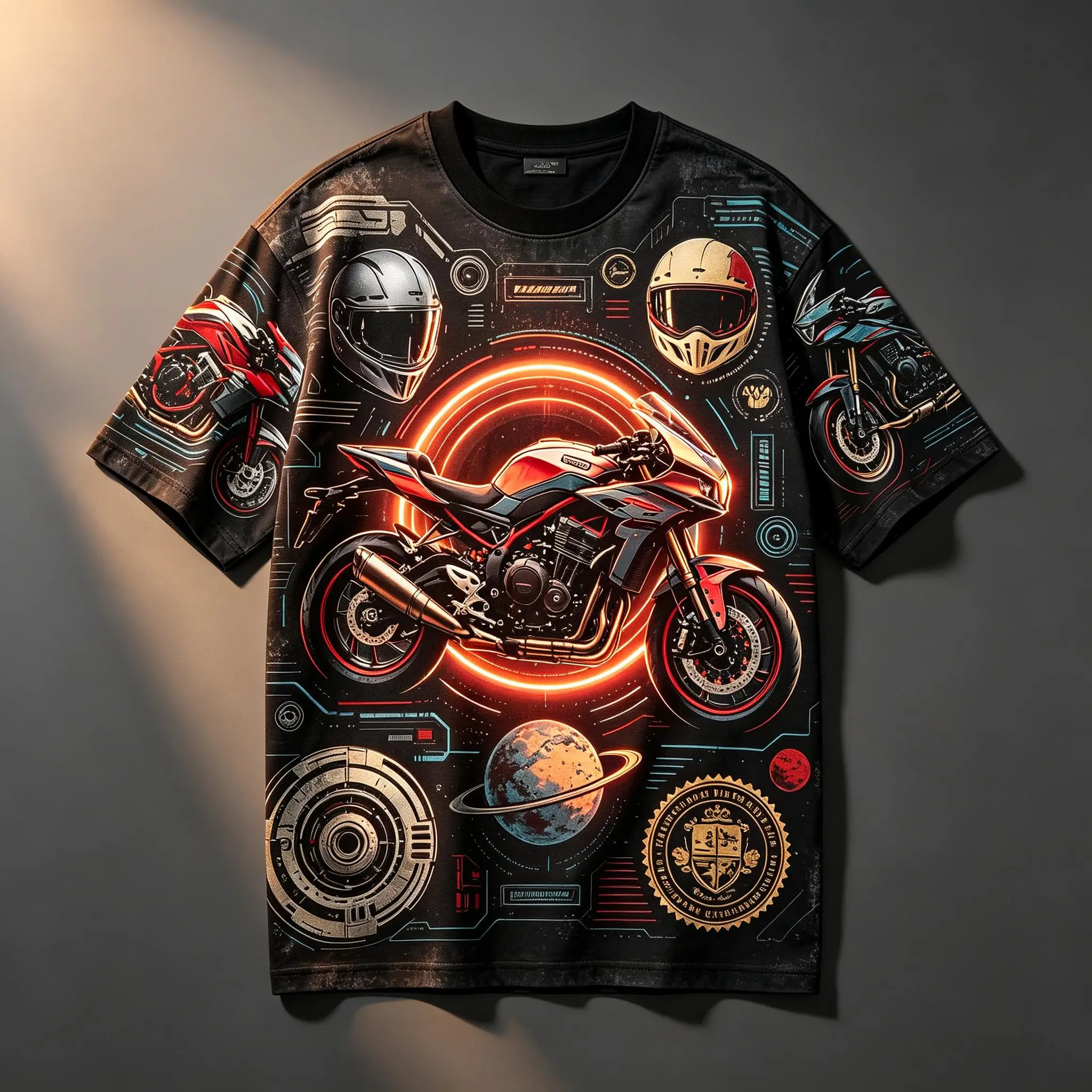 Men Crew Neck Short Sleeve T-shirt, Black Cyber Motorcycle Helmet Planet Tech Dashboard Print Casual Top