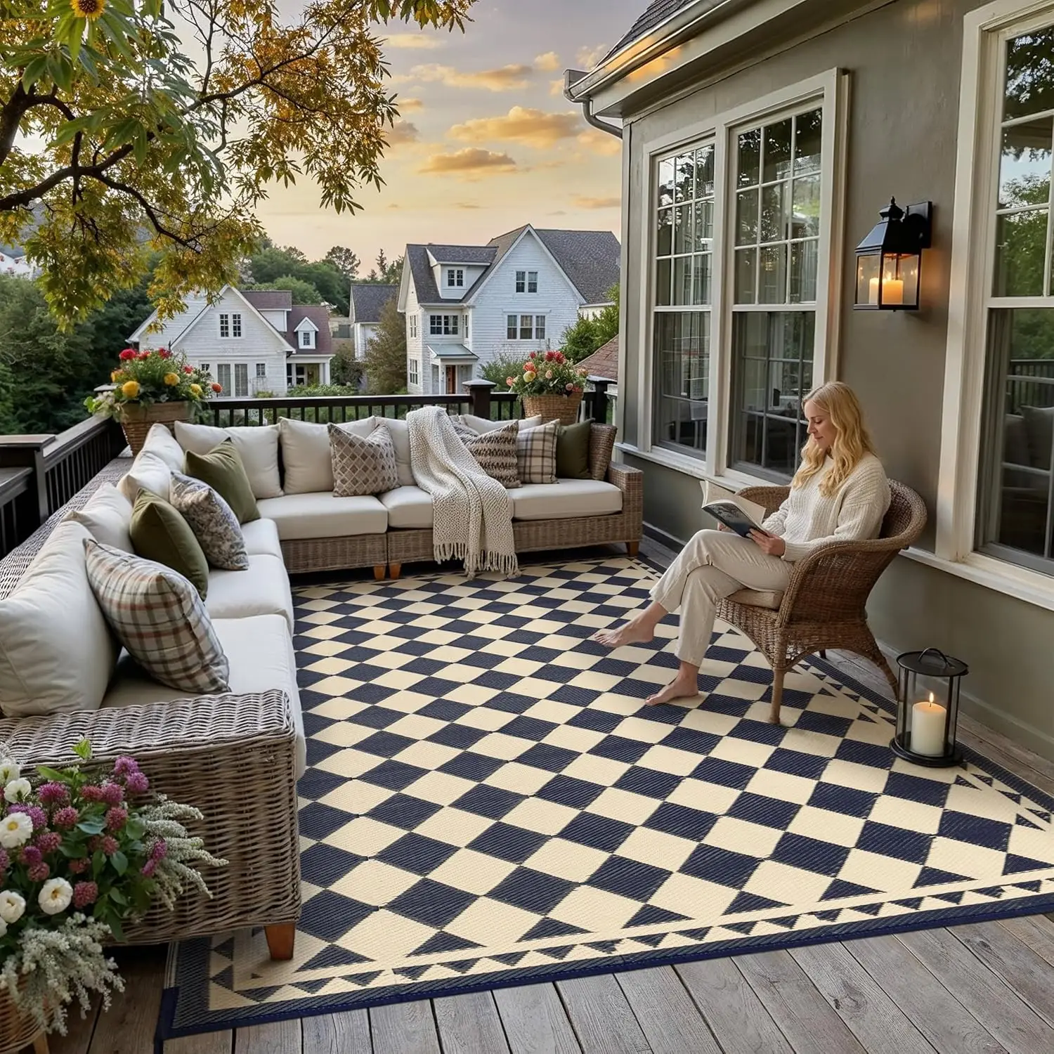 

10x10ft Waterproof Outdoor Rug, Reversible Beige Plaid Mat for Camping, RV, Deck, Picnic