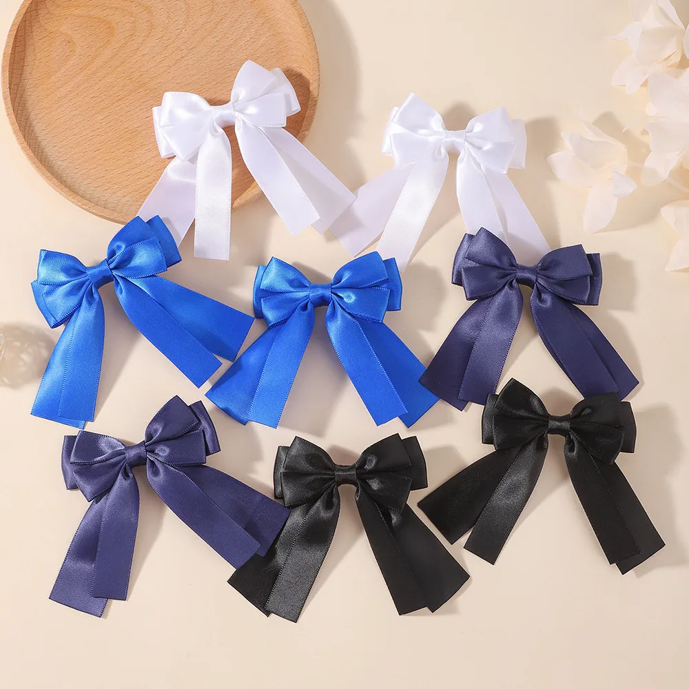 JOLLYPASS 2Pcs Satin Long Tail Bow Hair Accessories Solid White Black Navy Royal Blue Ribbon Bows For Uniform Hairstyle