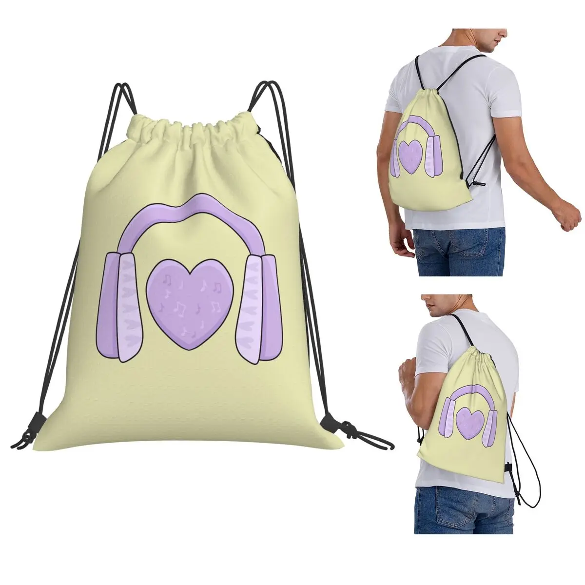 Headphones With Heart Backpacks Portable Drawstring Bags Sundries Bag Book Bags for Travel School
