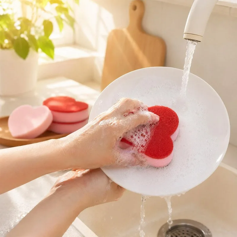 Heart Shaped Double Sided Sponge Scrubber for Dishes Non Scratch Kitchen Cleaning Brush Soft Absorbent Scouring Pad for Pot Pans