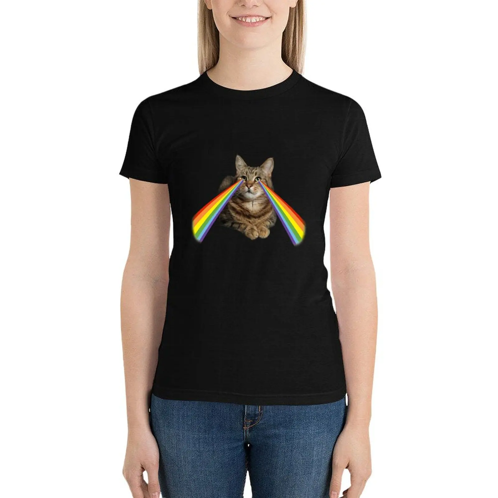 

Rainbow Laser Cat T-Shirt graphics funny korean fashion summer blouses woman 2024