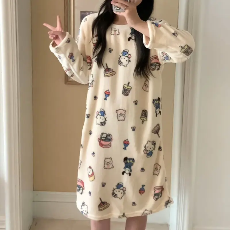 Sanrio Hello Kitty Cartoon Nightgown Women Warm Thick Coral Fleece Cute Hello Kitty Pajamas Flannel Nightgown Birthday Gift