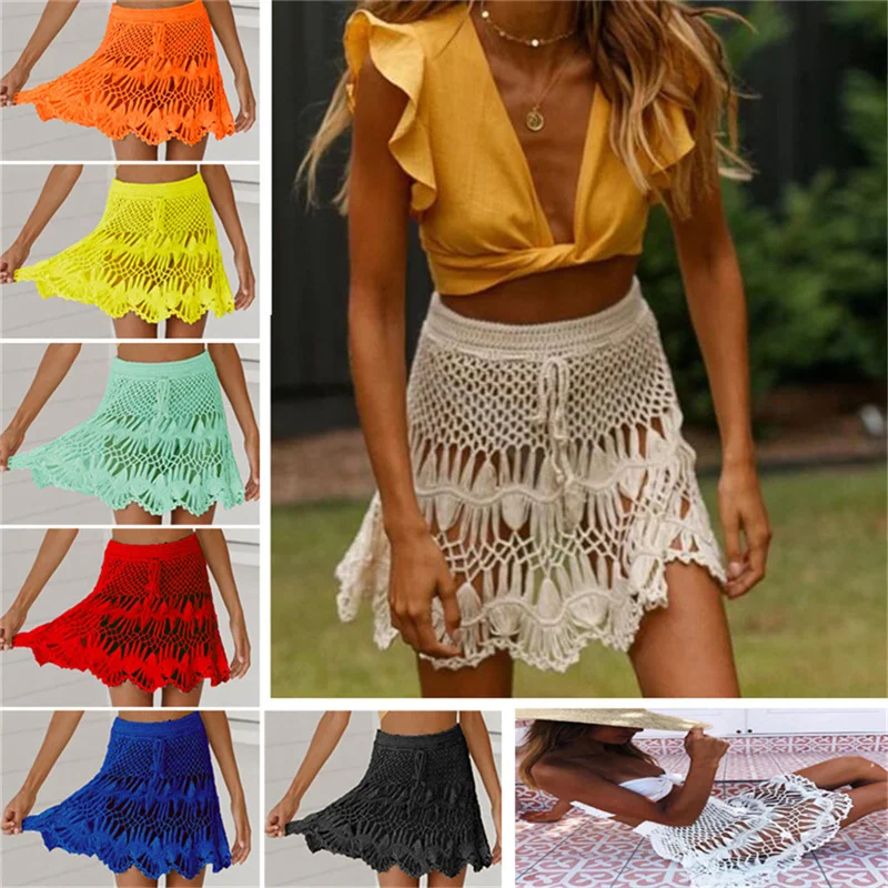 Ladies Swimwear Cover Up Skirt, Women Girl Summer Beach Sarong Crochet High Waist Fishnet Hollow Out Skirt Net, 8 Colors