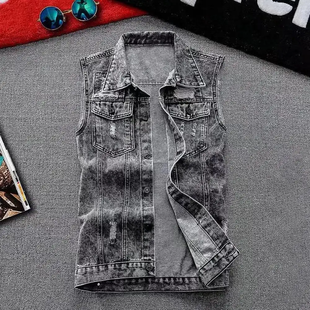 

Men Denim Waistcoat Men's Denim Waistcoat With Lapel Flap Pockets High Street Style Vest Coat With Ripped Holes Single For A