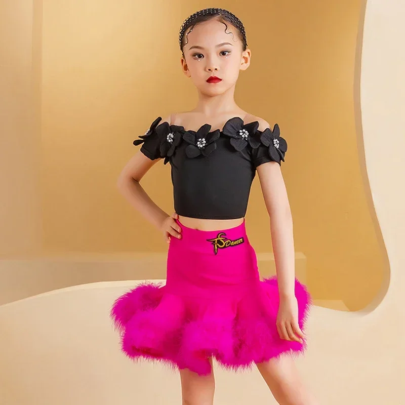 

New Ballroom Dance Professional Costumes Girls Black Latin Top Feather Skirt Kids Chacha Samba Salsa Dancing Dresses