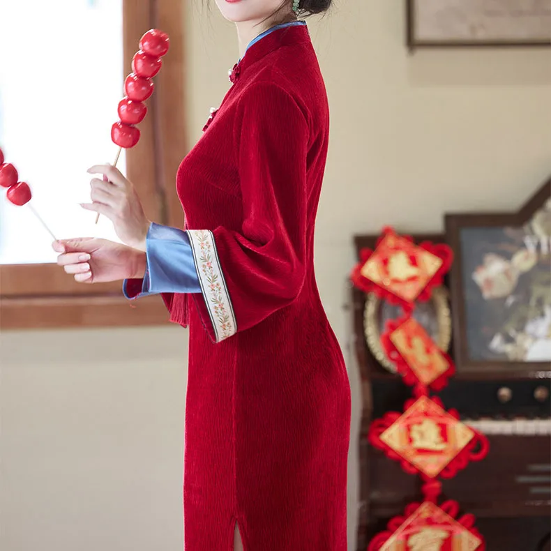 النمط الصيني السنة الجديدة مهرجان الربيع Chesongam الأحمر سميكة تشيباو فراشة طباعة سترة المرأة الخريف الشتاء فستان هانفو Vestidos #2