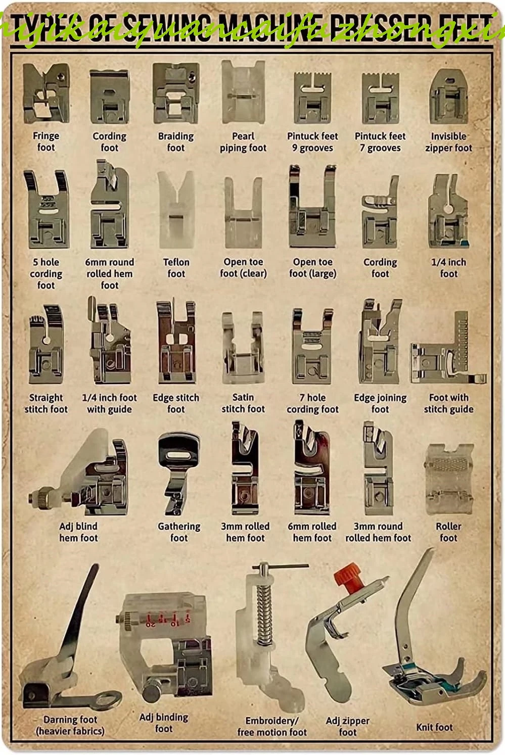 Retro Metal Poster Types Of Sewing Machine Presser Feet Knowledge Metal Tin Signs Vintage Plaque Wall Decor Gift For Home Kitche