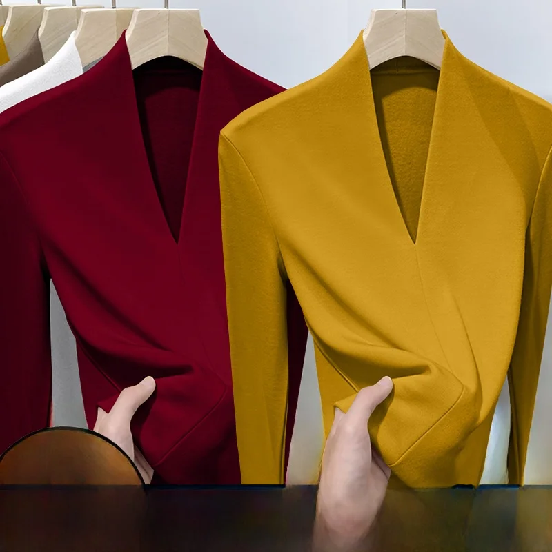Elegant Long Sleeve Fleece V-Neck T-Shirt Women's Autumn Winter New Style Sexy Outer Warm Base Layer Top Korean Style Slim Fit