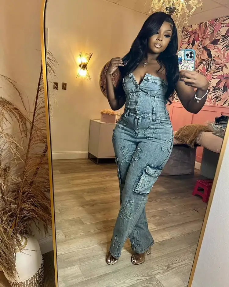 Multi Pockets Jeans Cargo Jumpsuit Sexy Women Strapless Elegant Denim Casual Overalls Romper