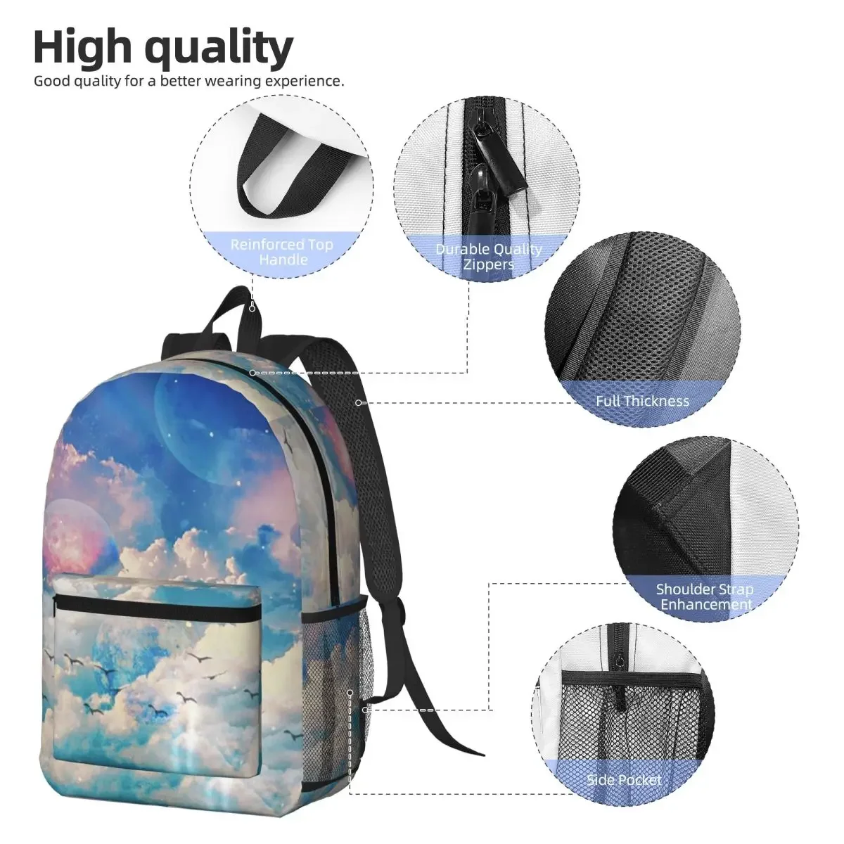 Blue Sky Clouds And Seagulls Print Backpack Daypack Large Capacity Kids BookBag School Bag Shoulder Bags for Men Women