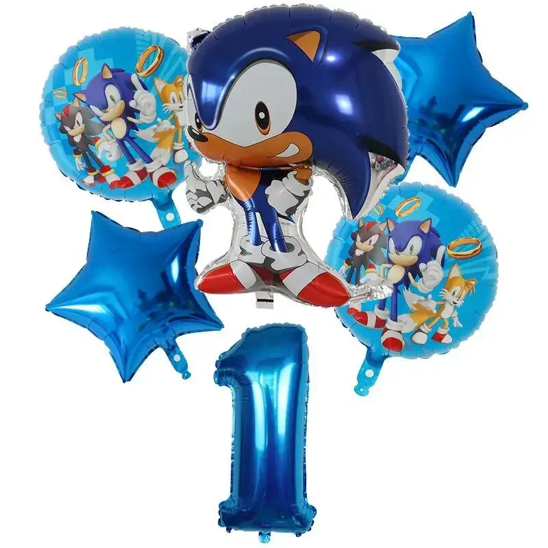 6pcs Foil Sonic Balloons Party Supplies Set Globlos Star Balloons Kids Hedgehog Birthday Decorations Number Ballloons Gifts