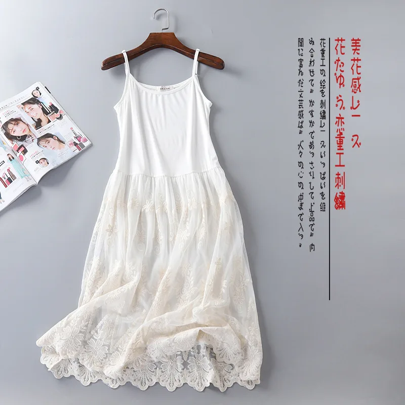 Japanese Sweet Mori Girl Mesh Lace Stitchcing Spaghetti Strap Dress Women Summer O-Neck Sleeveless A-Line Tank Dress Sundress