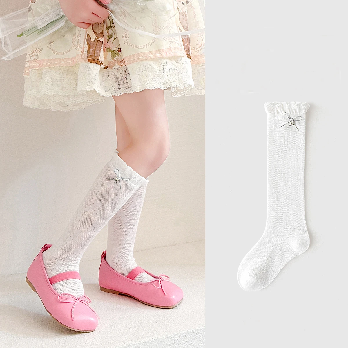 1Pairs Girls Princess Socks Spring Summer Babys Kids Toddlers Soft Cotton Long Socks Children White Lace Bow Lolita Style Socks