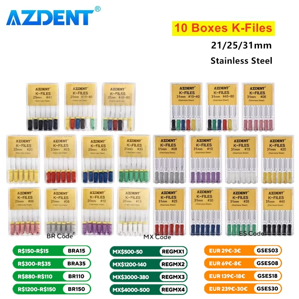 10Boxes Dental Hand Use K-Files AZDENT 21/25/31mm Stainless Steel Endodontic Root Canal Files Dentist Tools Lab Instruments