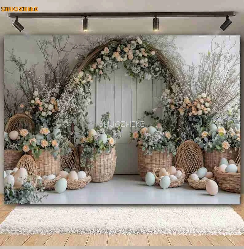 春のイースターの写真の背景,花,植物の弓,つるの壁,緑の草,卵,子供の誕生日,肖像画の装飾,写真の背景